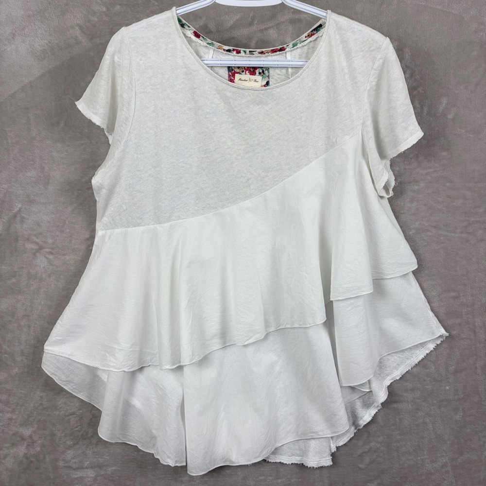 Meadow Rue Blouse Top Sz S White Linen Blend Ruffle Tiered Asymmetrical Raw Hem